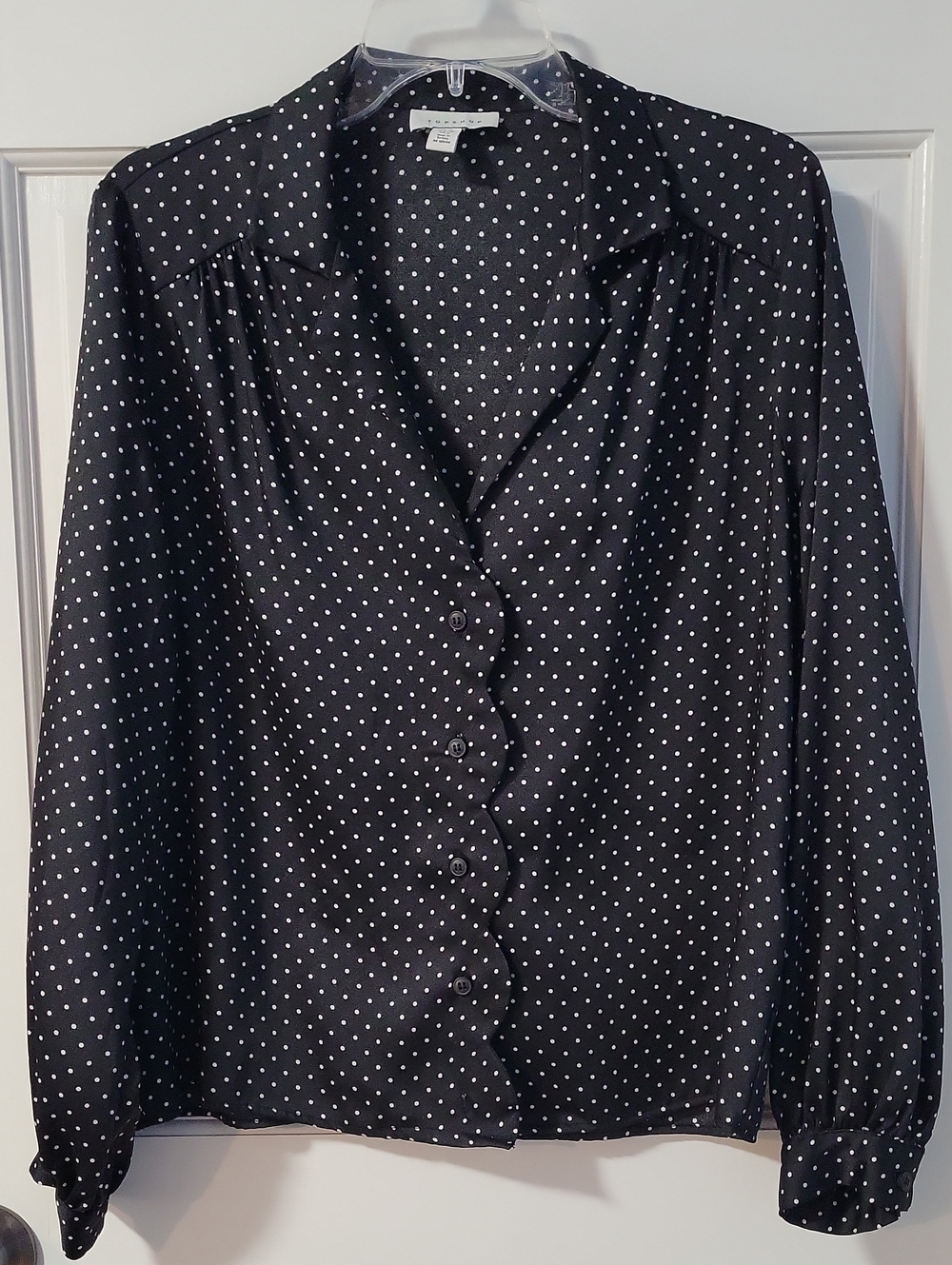 Topshop Black Satin Button-Up Shirt with White Polka Dots